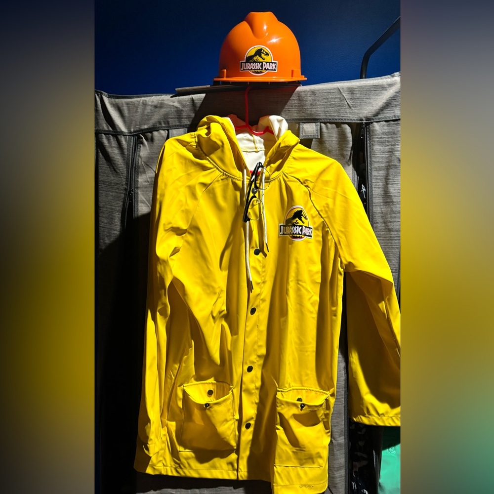 Jurassic Park rain jacket and hard hat